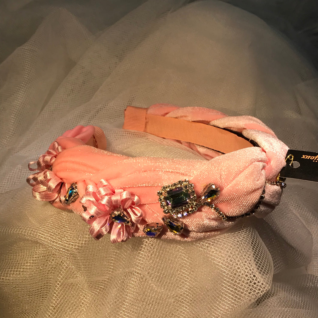 Cerchietto acconciatura velluto rosa confetto, raso e cristalli