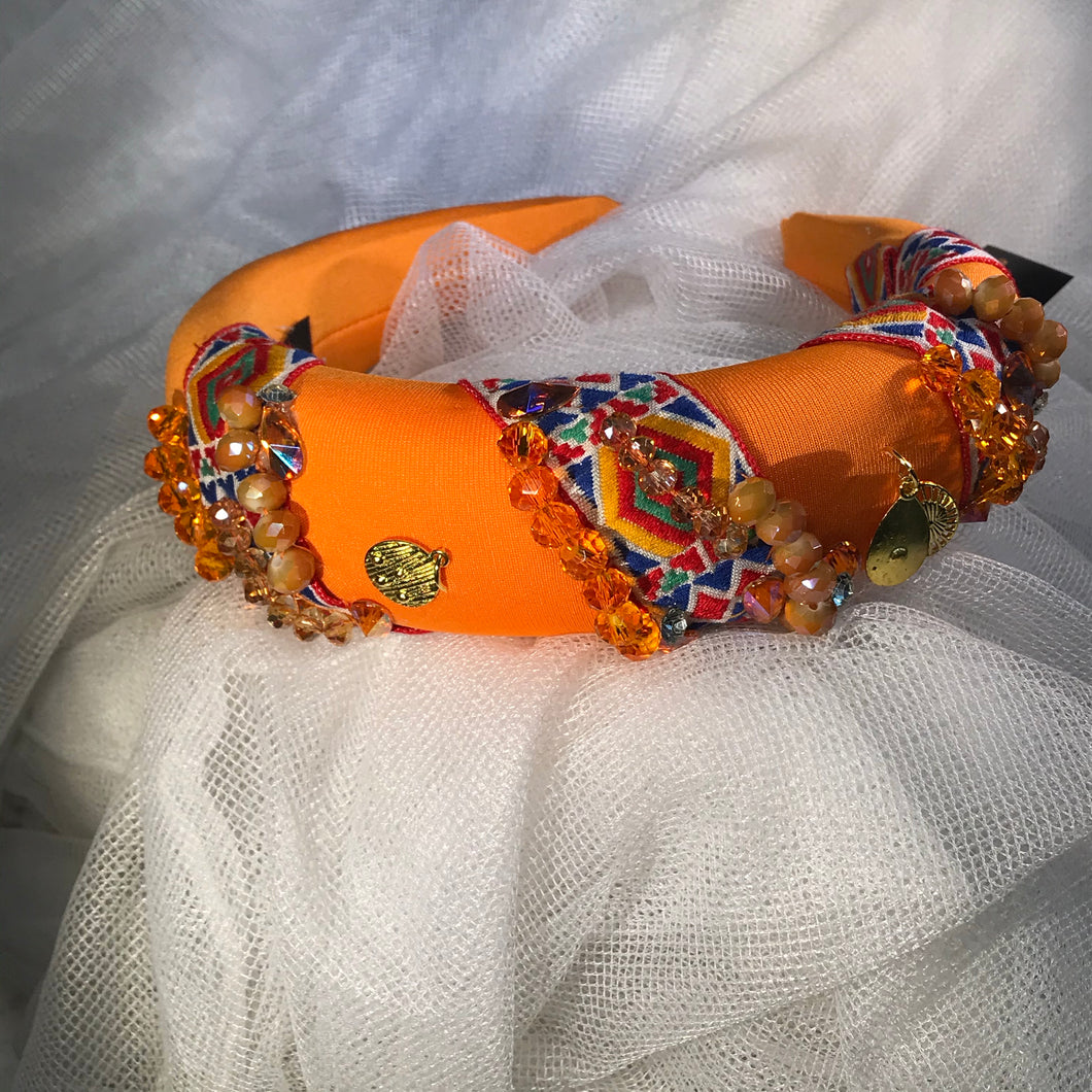 Orange Headband with Crystals and Decorations