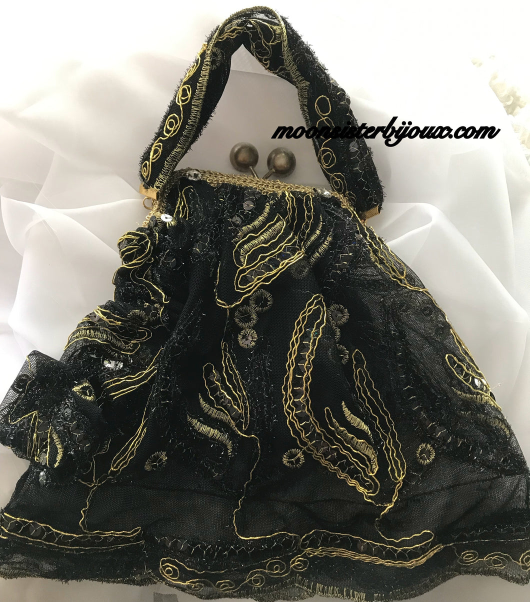 Black Purse with Raised Embroidery and Accessories