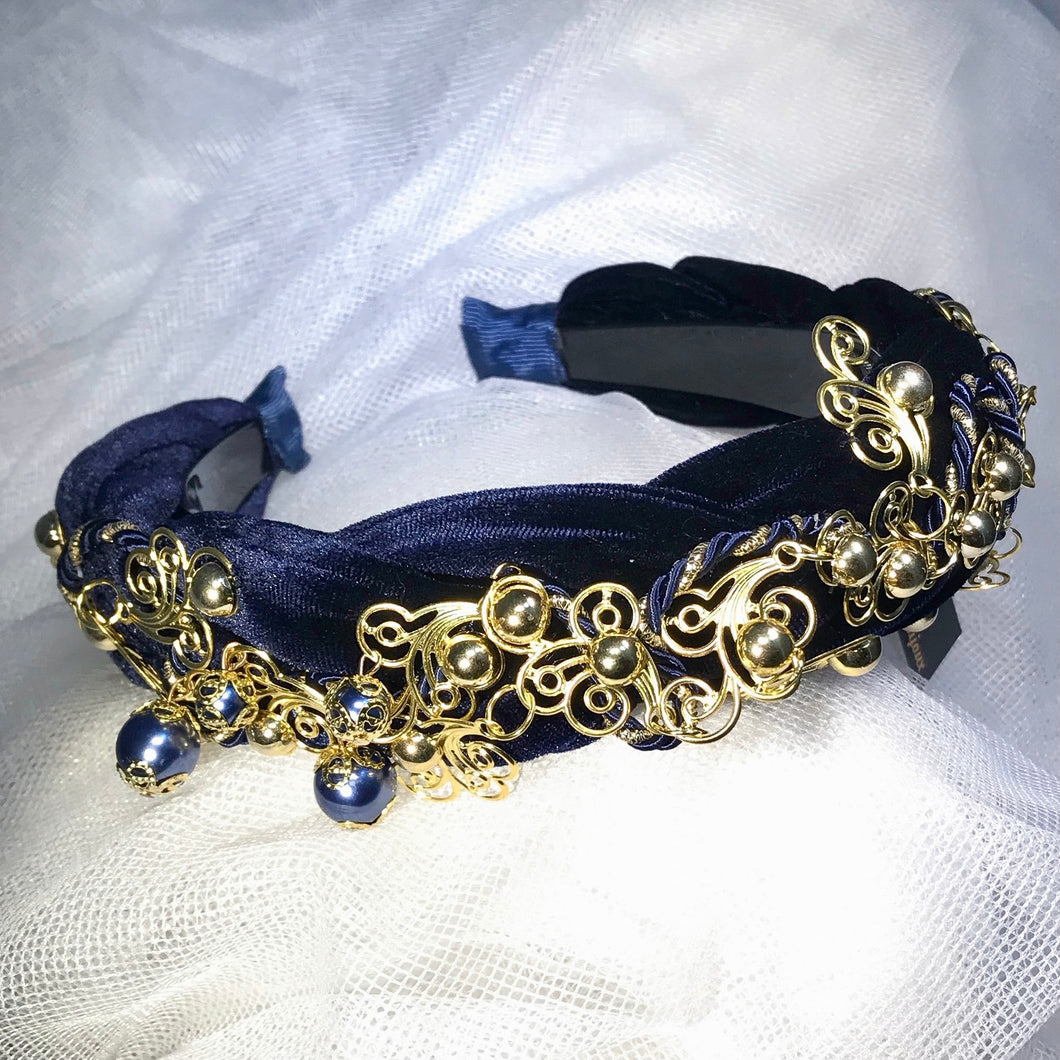 Dark Blue Velvet Headband Decorated with Brass and Crystals