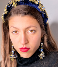 Load image into Gallery viewer, Dark Blue Velvet Headband Decorated with Brass and Crystals
